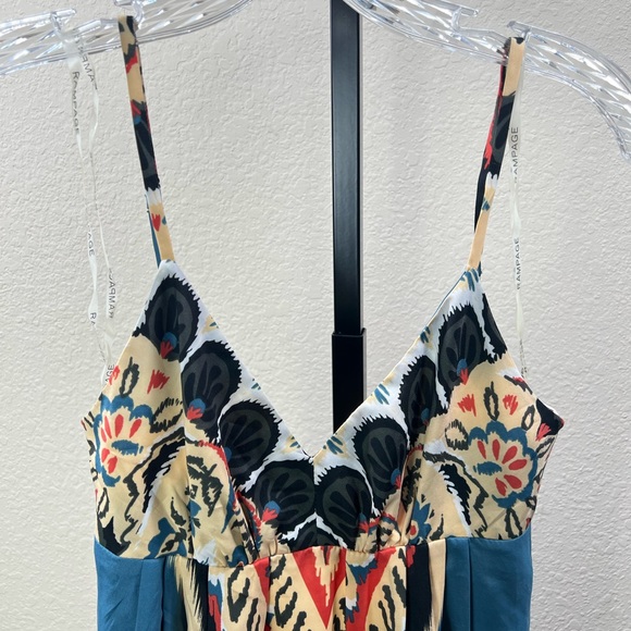 Aztec Floral Print Dress Summer Blue Spaghetti Strap Satin Silk Midi Tribal Gown - Picture 5 of 17